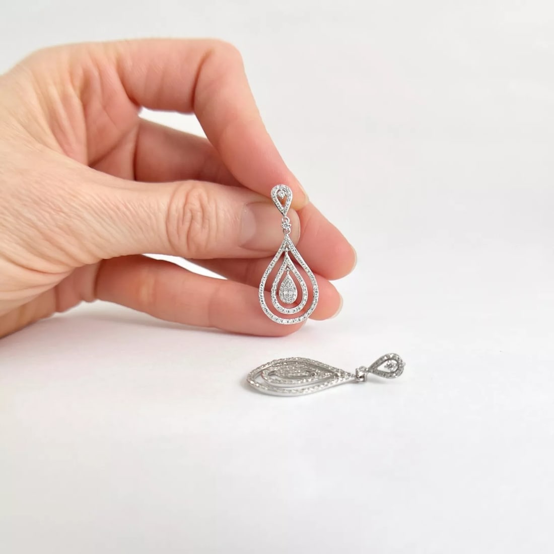 Pave Diamond Teardrop Halo Dangle Drop Earrings 14K White Gold, .82 CTW - 4