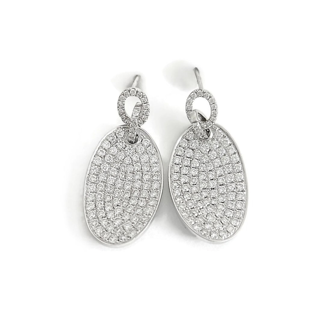 Pave Diamond Oval Tag Dangle Drop Earrings 18K White Gold, 2.54 CTW - 2