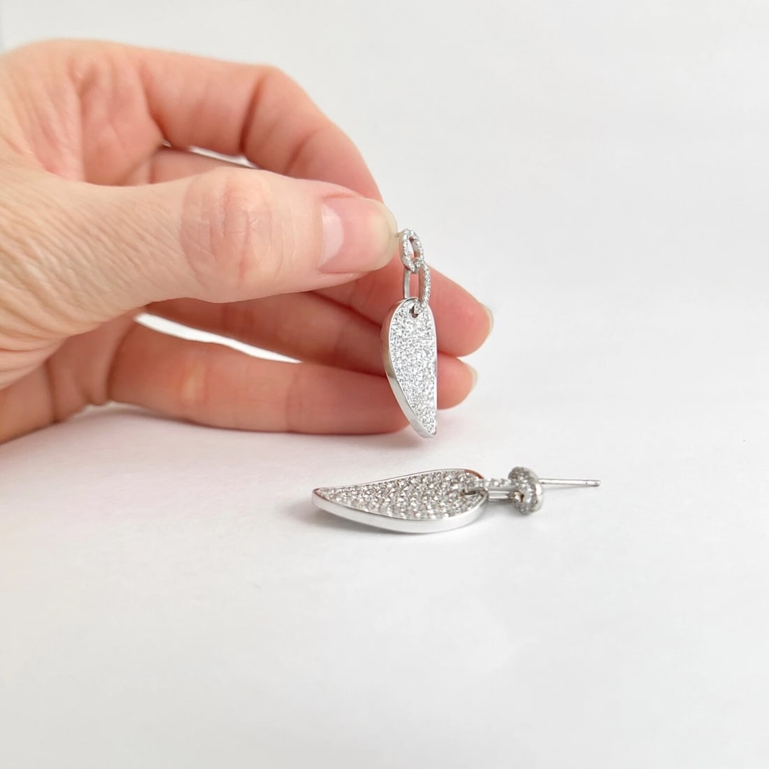 Pave Diamond Oval Tag Dangle Drop Earrings 18K White Gold, 2.54 CTW - 6