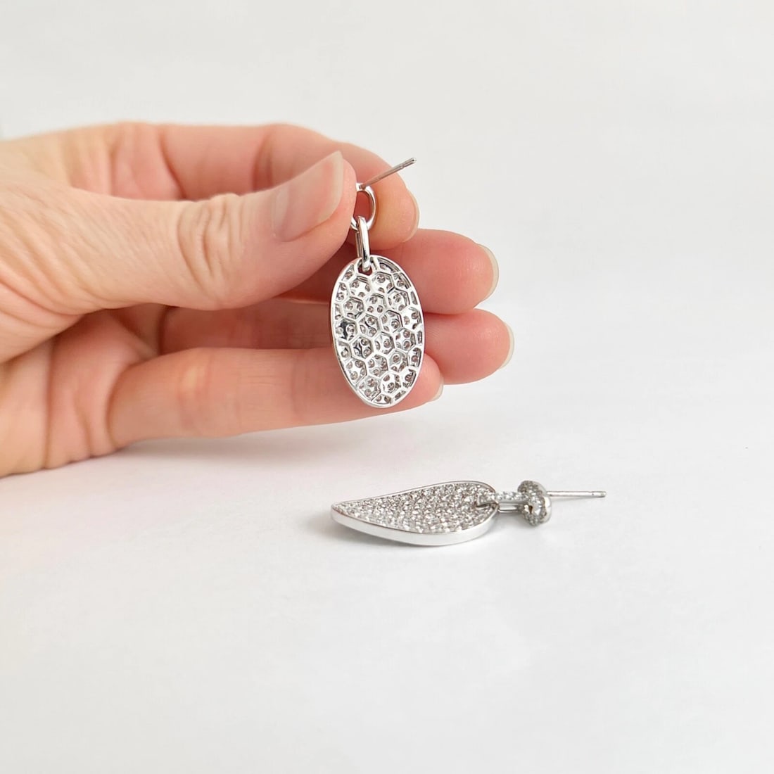 Pave Diamond Oval Tag Dangle Drop Earrings 18K White Gold, 2.54 CTW - 7