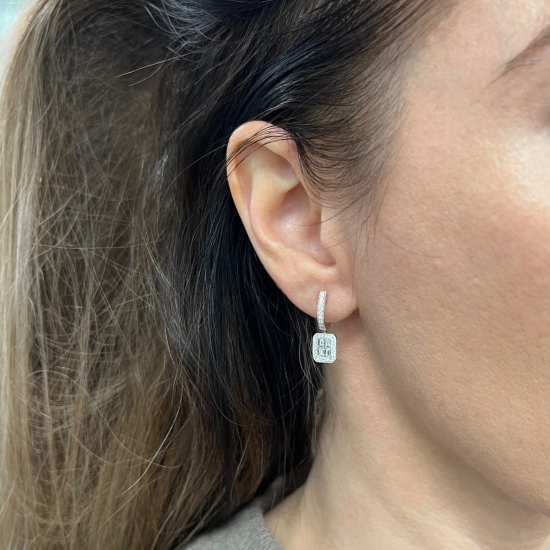 Baguette Diamond Halo Dangle Drop Earrings 18K White Gold, .94 CTW - 4