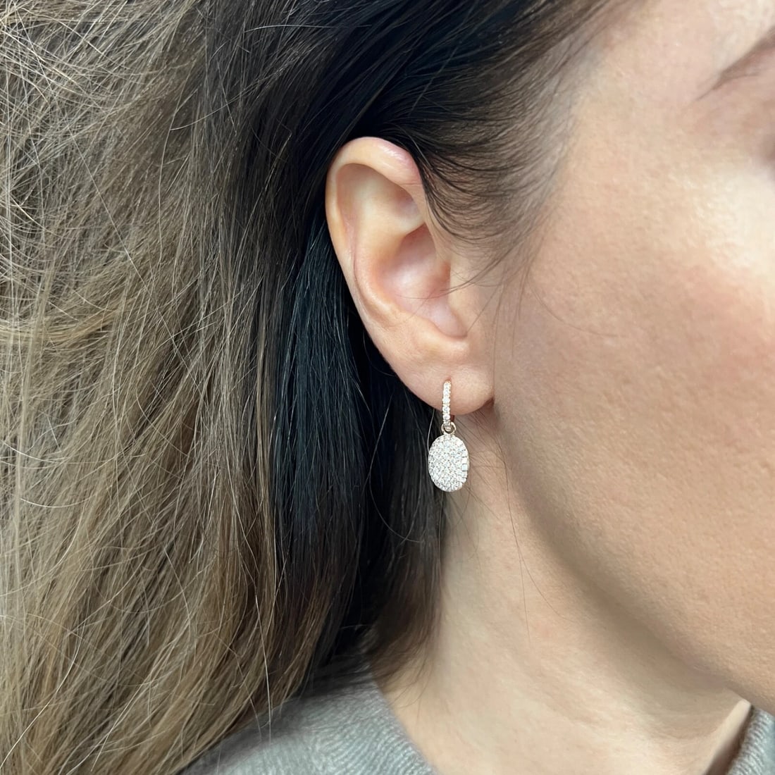 Pave Diamond Oval Tag Dangle Drop Earrings 14K Pink Rose Gold, 1 Inch, 1.10 CTW - 3