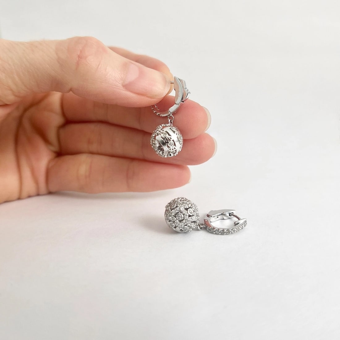 Pave Diamond Filigree Ball Dangle Drop Earrings 14K White Gold, 1 Inch, 1.20 CTW - 6