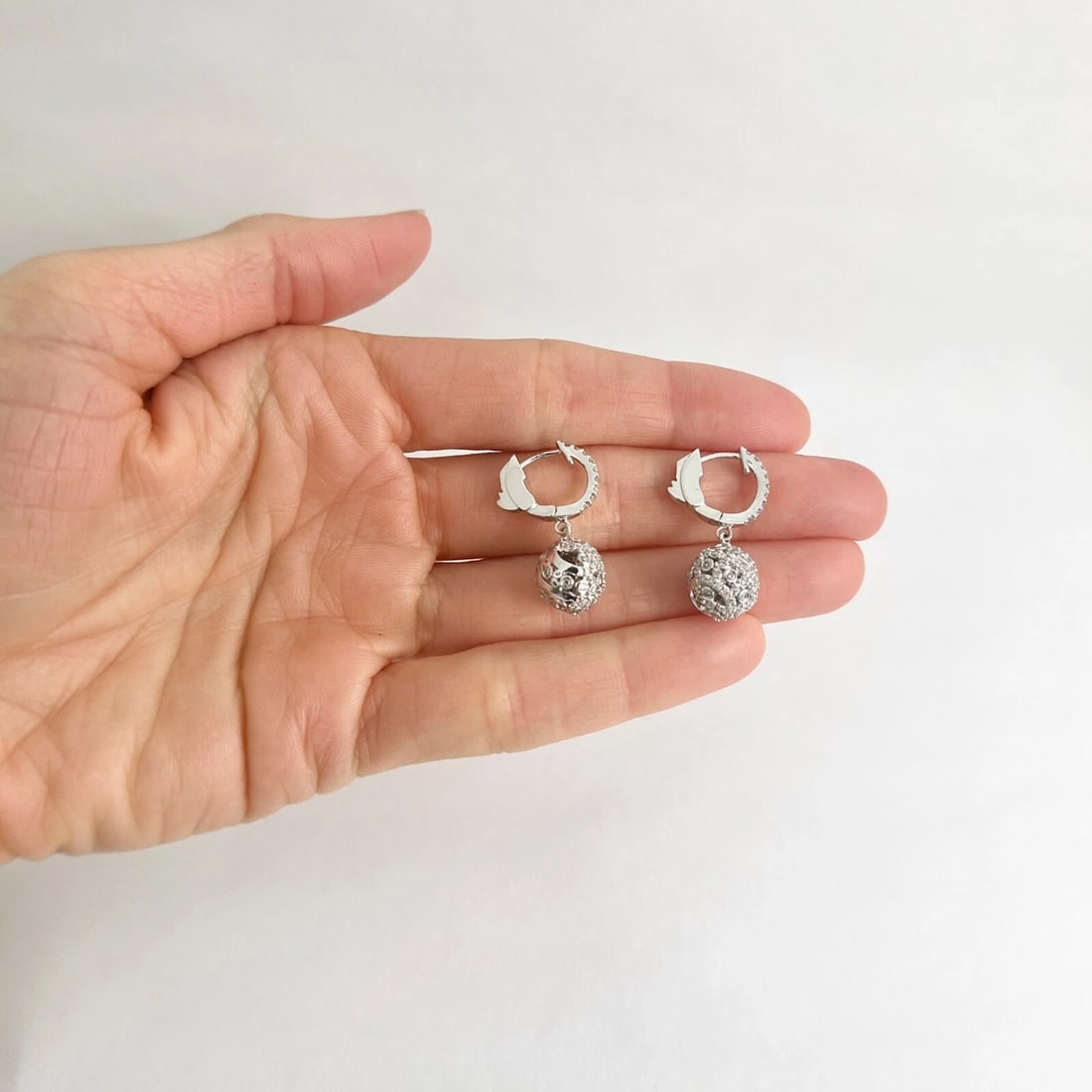 Pave Diamond Filigree Ball Dangle Drop Earrings 14K White Gold, 1 Inch, 1.20 CTW - 7