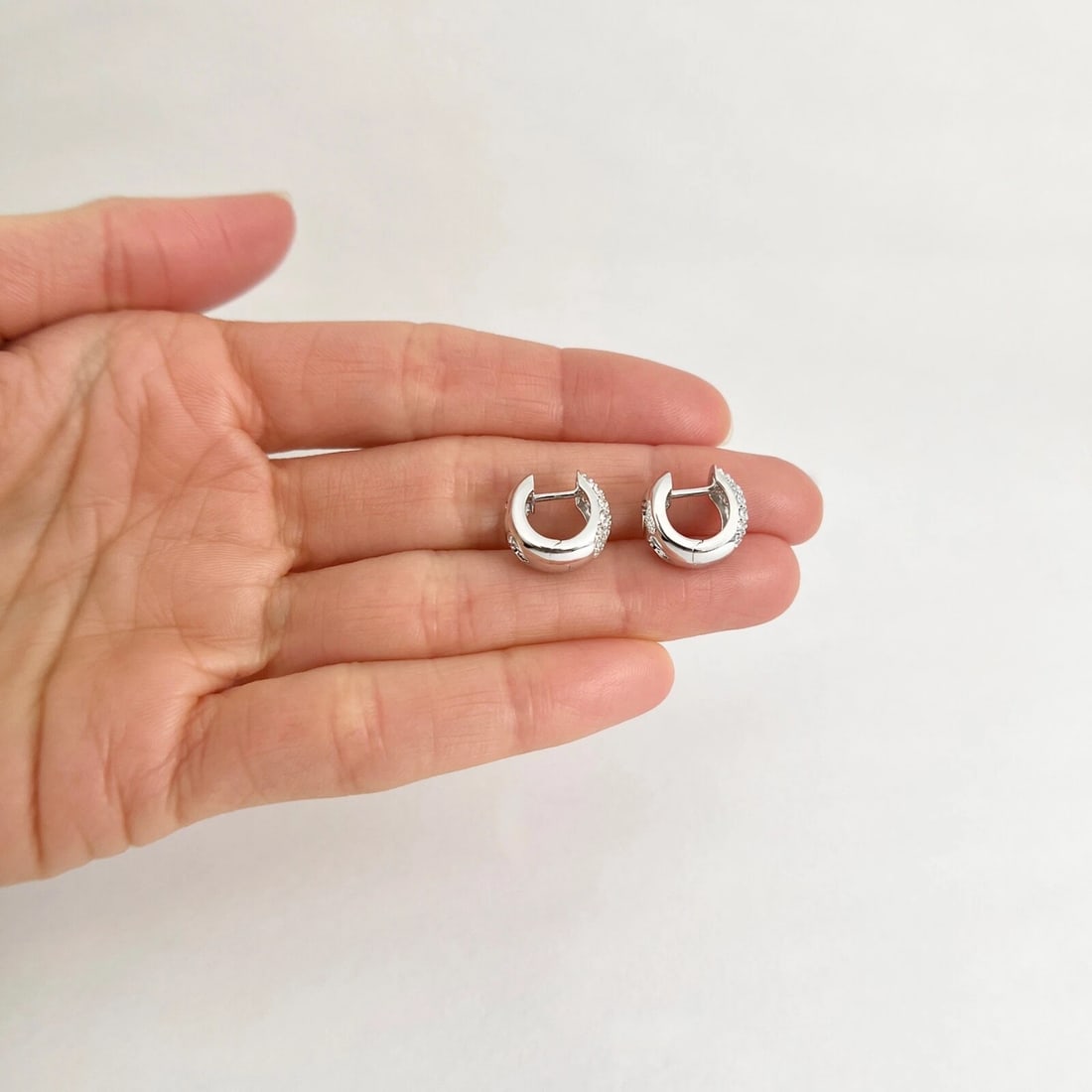 Wide Pave Diamond Small Hoop Huggie Earrings 18K White Gold, .69 CTW - 7