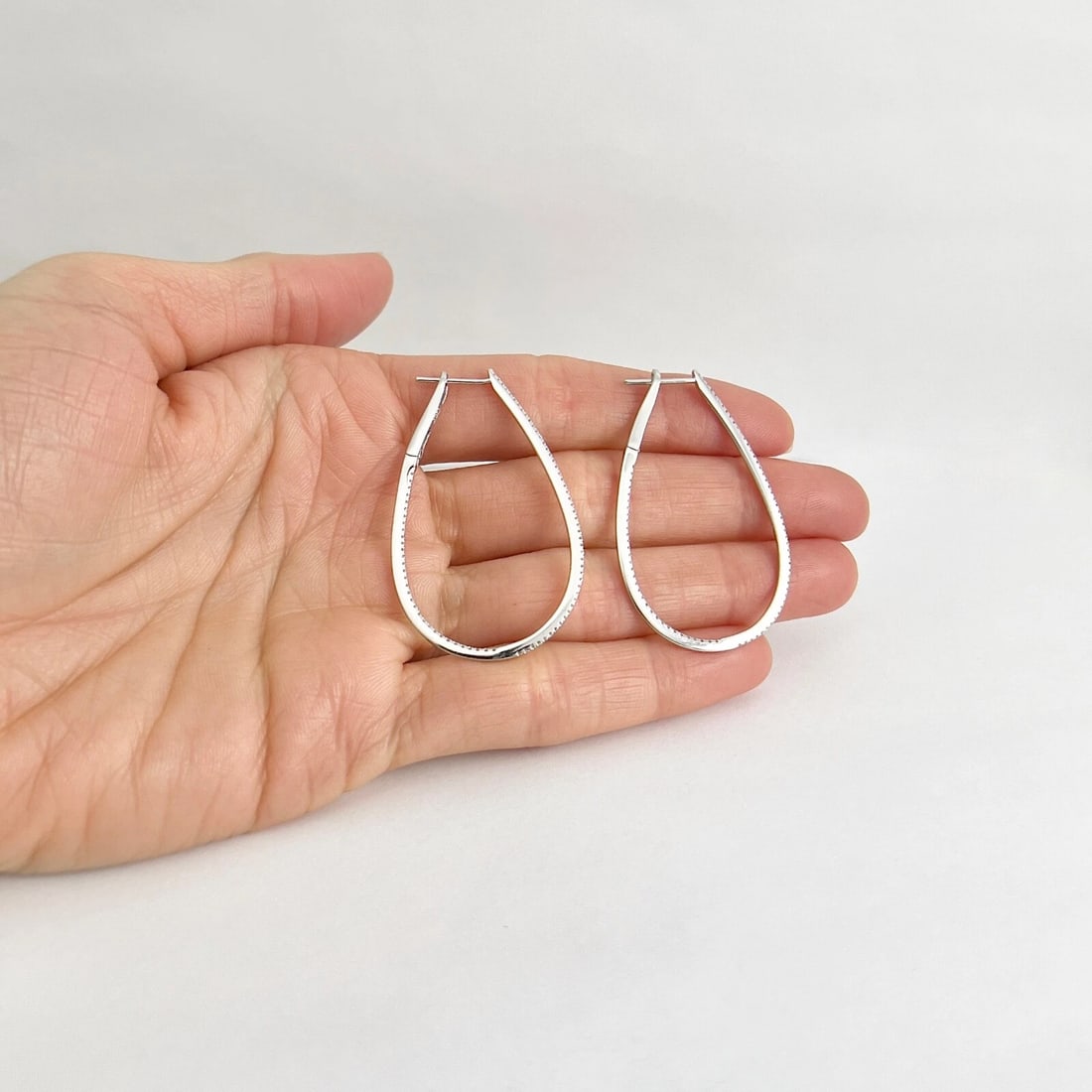 Inside-Out Thin Oblong Diamond Hoop Earrings 14K White Gold, 1.75 Inch, .78 CTW - 4