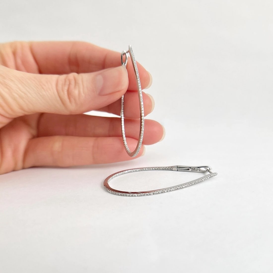 Inside-Out Thin Oblong Diamond Hoop Earrings 14K White Gold, 1.75 Inch, .78 CTW - 5