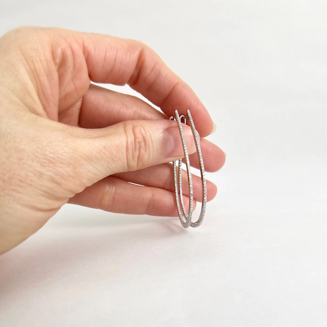 Inside-Out Thin Oblong Diamond Hoop Earrings 14K White Gold, 1.75 Inch, .78 CTW - 6