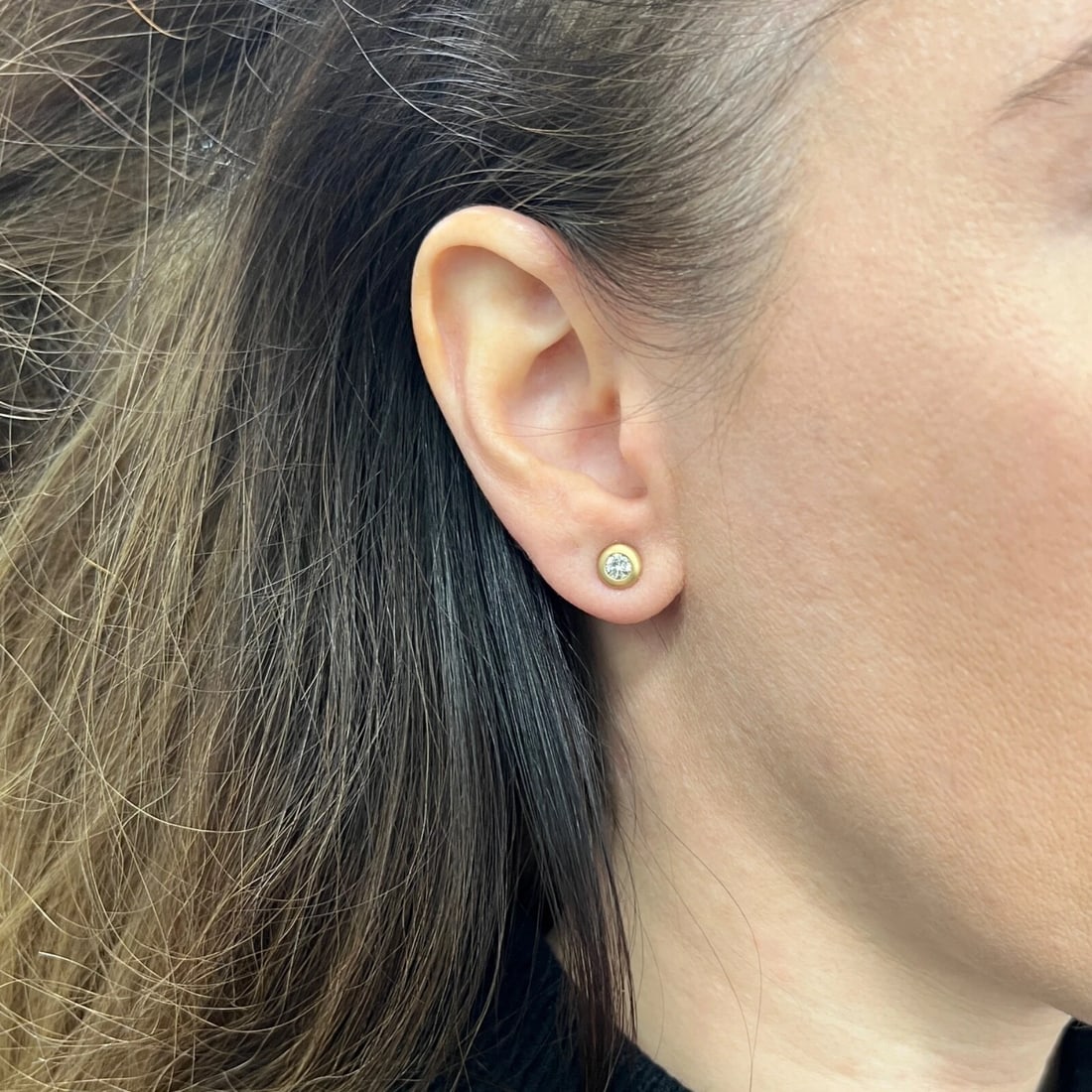 Round Thick Satin Bezel Diamond Stud Earrings 14K Yellow Gold .42 CTW - 5