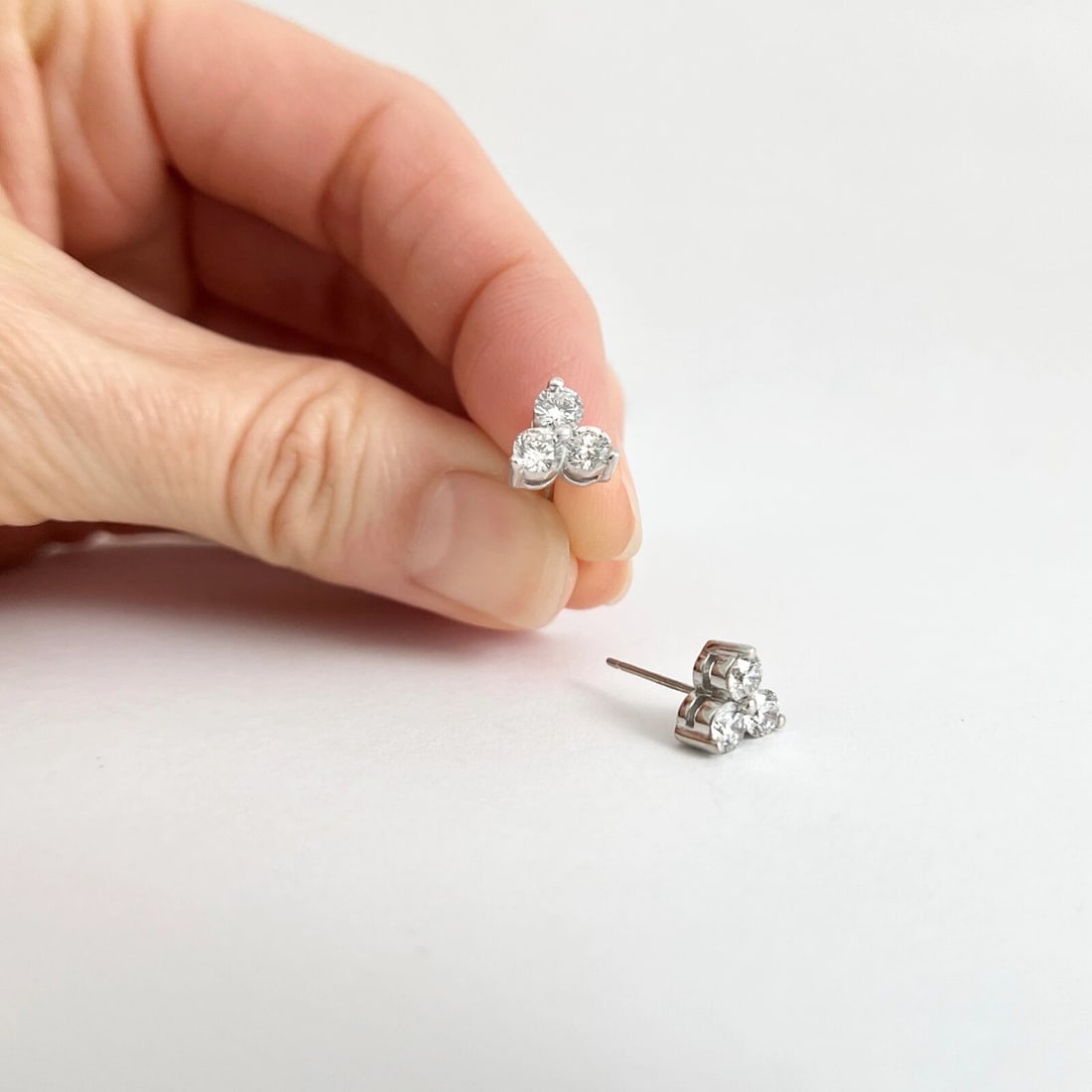 3-Stone Round Diamond Cluster Stud Earrings 14K White Gold, 1.10 CTW - 4