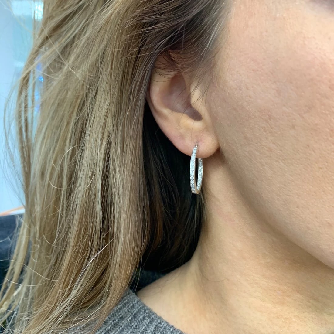 Pave Diamond Inside-Out Hoop Earrings 14K White Gold, 1 Inch, .75 CTW - 4