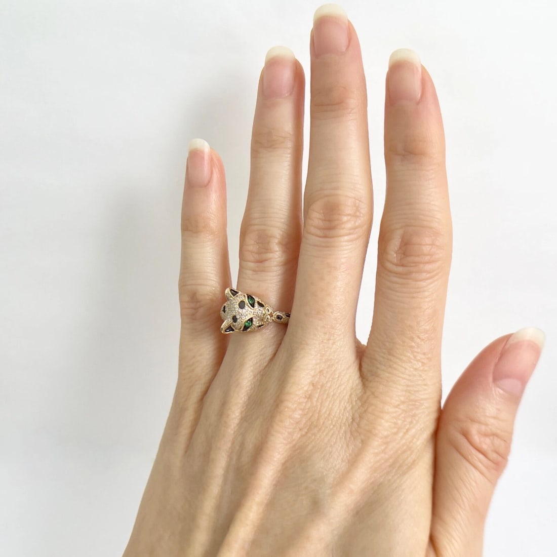 Pave Diamond Green-Eyed Leopard Panther Statement Ring 14K Yellow Gold .52 CTW - 4