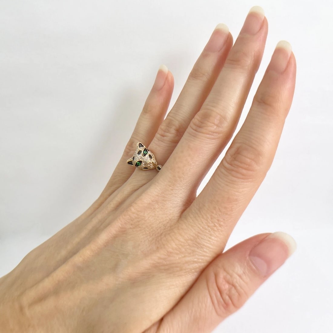 Pave Diamond Green-Eyed Leopard Panther Statement Ring 14K Yellow Gold .52 CTW - 6