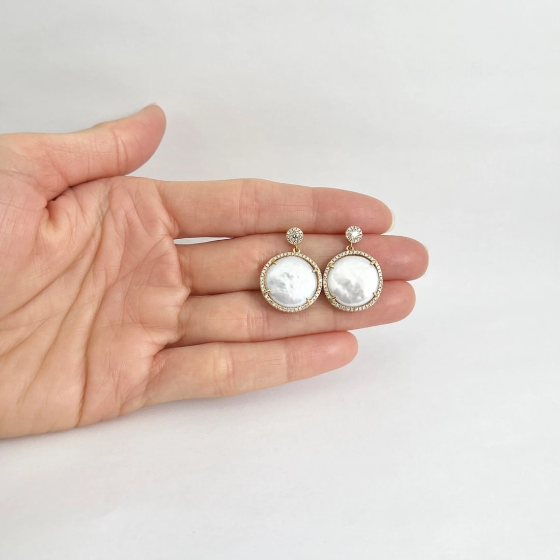 Mabe Pearl Diamond Halo Dangle Drop Earrings 14K Yellow Gold, .45 CTW - 3