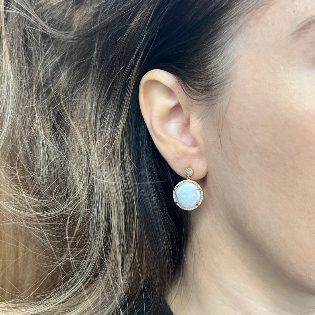 Mabe Pearl Diamond Halo Dangle Drop Earrings 14K Yellow Gold, .45 CTW - 4