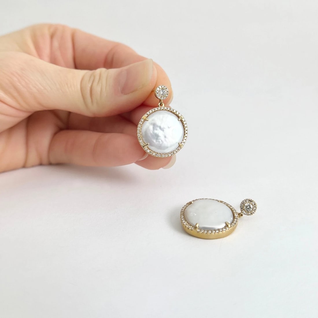 Mabe Pearl Diamond Halo Dangle Drop Earrings 14K Yellow Gold, .45 CTW - 5