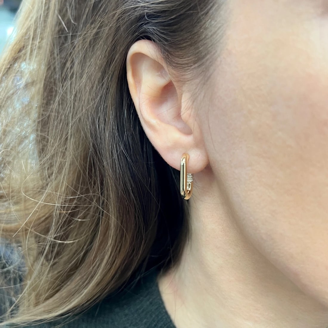 Pave Diamond Tip Oblong Hoop Earrings 14K Yellow Gold, .20 CTW - 5