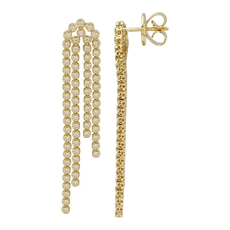 Multistrand Diamond Tassel Dangle Drop Earrings 14K Yellow Gold, 1.40 CTW: Multistrand Diamond Tassel Dangle Drop Earrings 14K Yellow Gold, 1.40 CTW These are lovely earrings! Please let us know if you have any questions. Diamonds: 142 round brilliant cuts 1.40 ctw, G, SI1 M