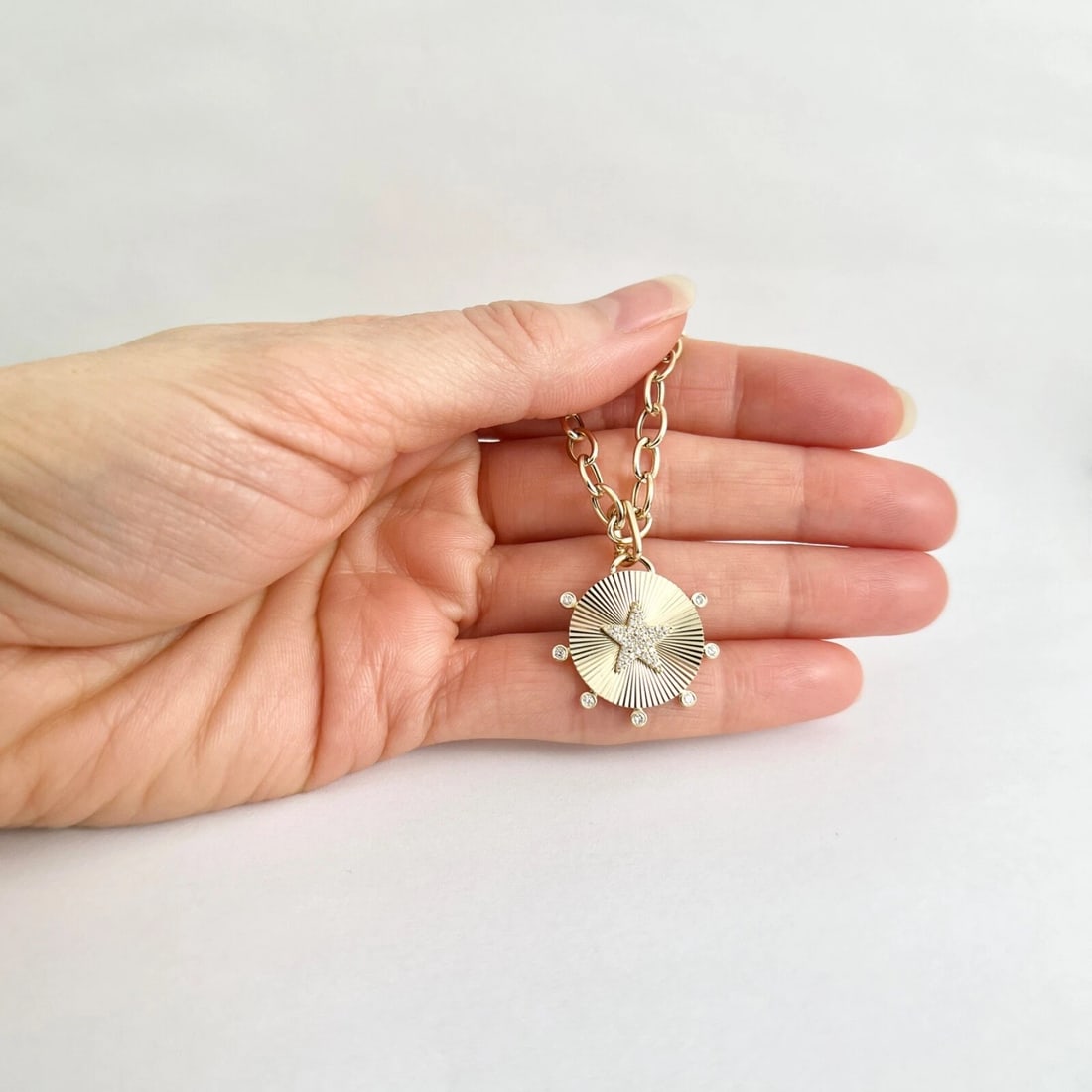 Pave Diamond Star Round Fluted Disc Pendant Necklace 14K Yellow Gold .16 CTW - 4