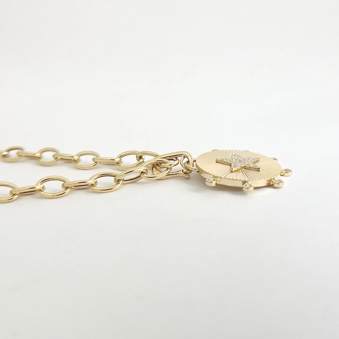 Pave Diamond Star Round Fluted Disc Pendant Necklace 14K Yellow Gold .16 CTW - 6