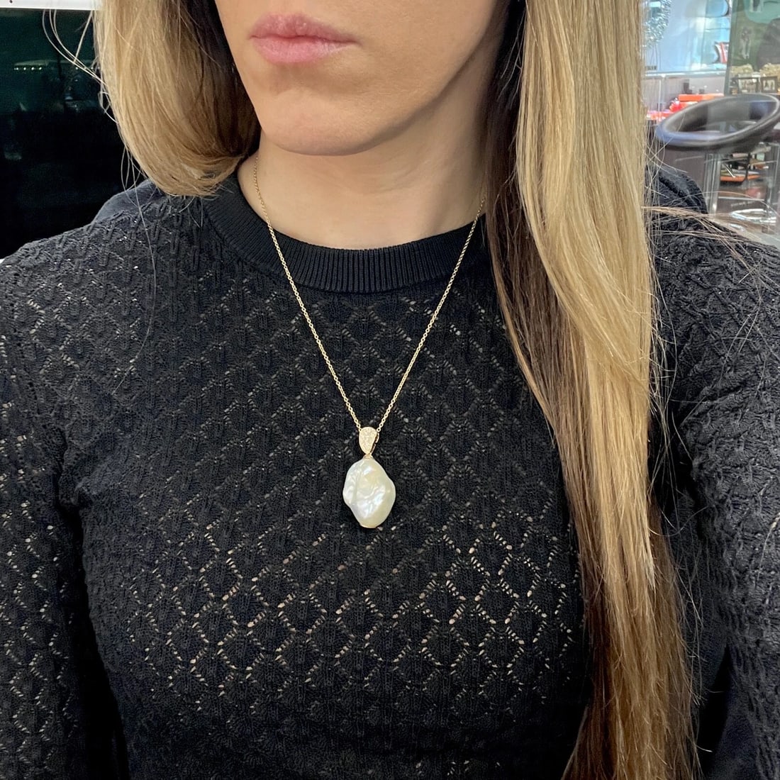 Baroque Pearl Pave Diamond Pendant Necklace 14K Yellow Gold .12 CTW - 5