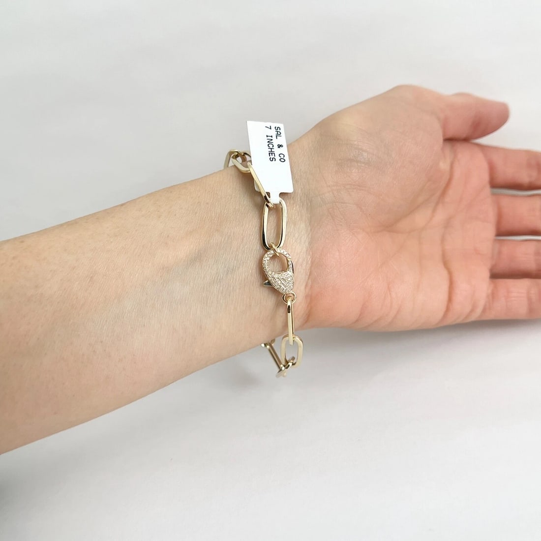 Pave Diamond Clasp Paperclip Chain Link Bracelet 14K Yellow Gold, .15 CTW - 7