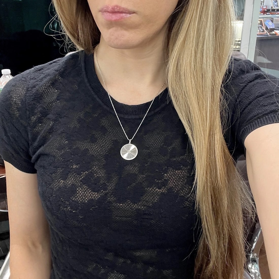 Round Diamond Engine Turned Disc Pendant Necklace 14K White Gold .10 CTW - 4