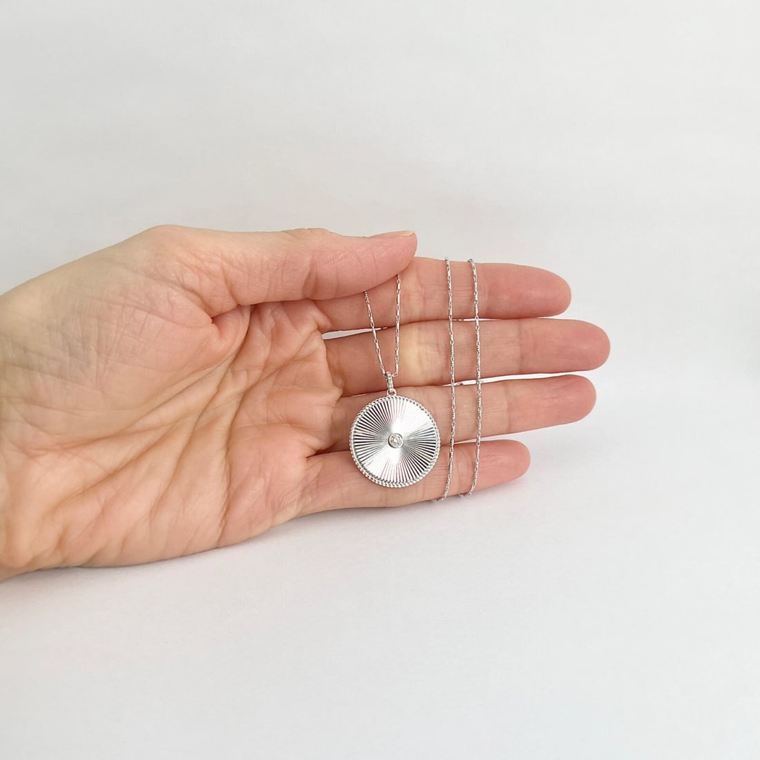 Round Diamond Engine Turned Disc Pendant Necklace 14K White Gold .10 CTW - 5