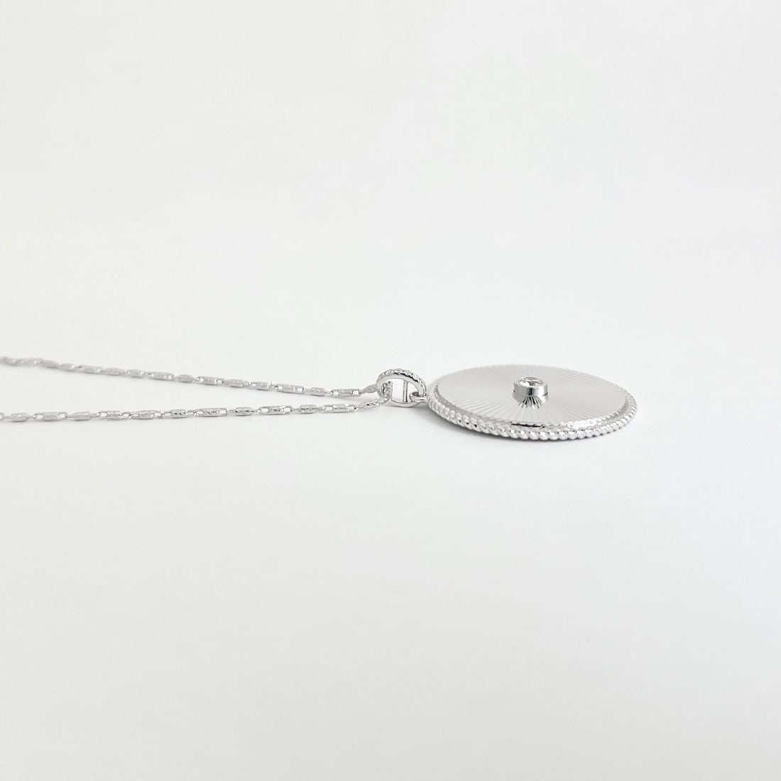 Round Diamond Engine Turned Disc Pendant Necklace 14K White Gold .10 CTW - 7