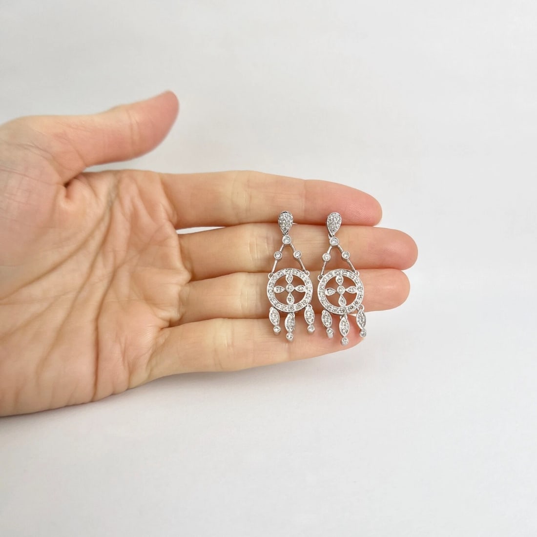 Diamond Dream Catcher Circle Fringe Dangle Drop Earrings 18K White Gold, .82 CTW - 3