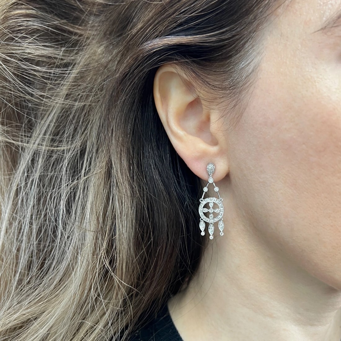 Diamond Dream Catcher Circle Fringe Dangle Drop Earrings 18K White Gold, .82 CTW - 4