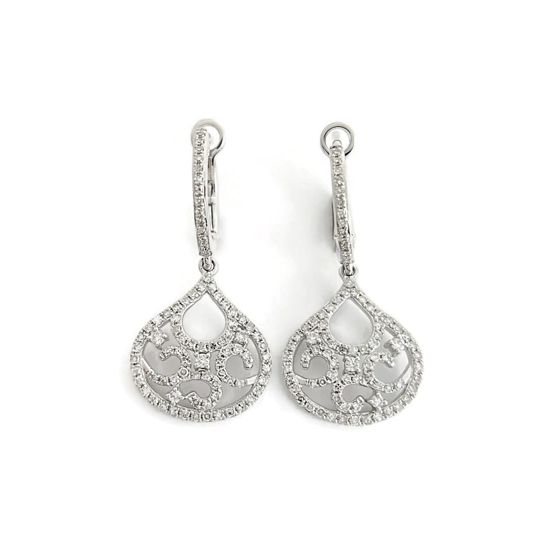 Diamond Filigree Teardrop Dangle Drop Earrings 14K White Gold, .53 CTW - 2