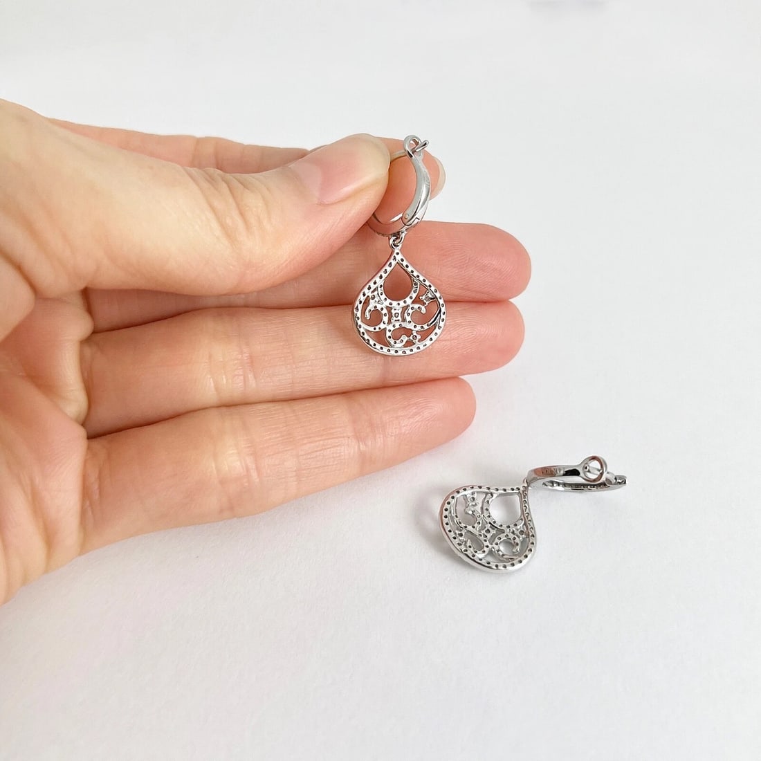 Diamond Filigree Teardrop Dangle Drop Earrings 14K White Gold, .53 CTW - 7