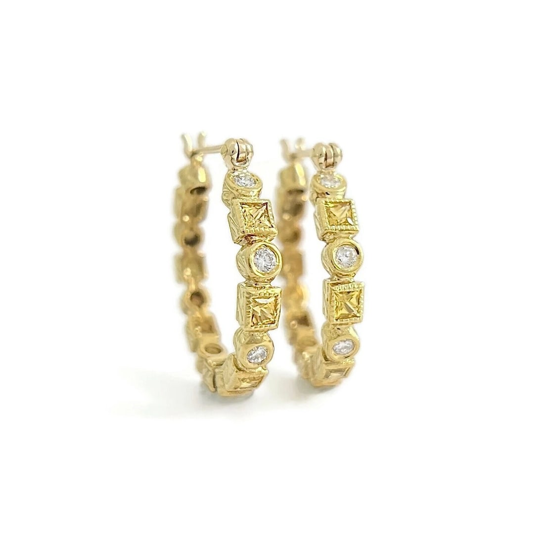 Princess Cut Yellow Sapphire Diamond Hoop Earrings 18K Yellow Gold, 1.10 CTW - 2