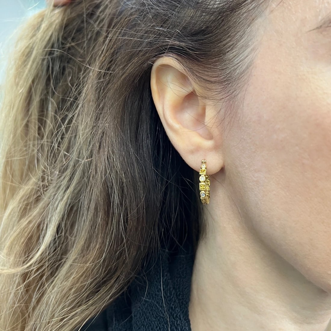 Princess Cut Yellow Sapphire Diamond Hoop Earrings 18K Yellow Gold, 1.10 CTW - 4