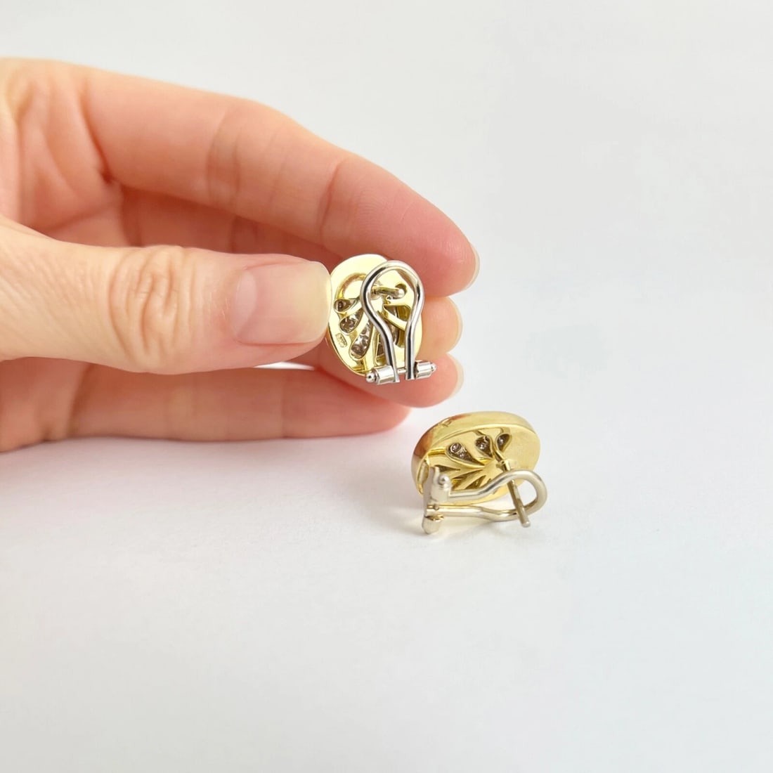 Oval Pave Diamond Dome Drop Stud Earrings 18K Yellow Gold, 1.05 CTW - 6