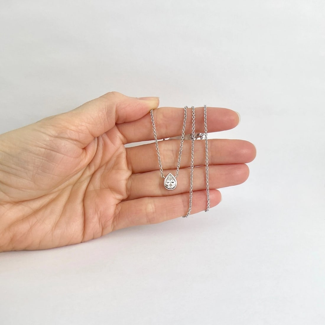 Pear Diamond Solitaire Bezel Pendant Necklace 14K White Gold, .70 CT - 3