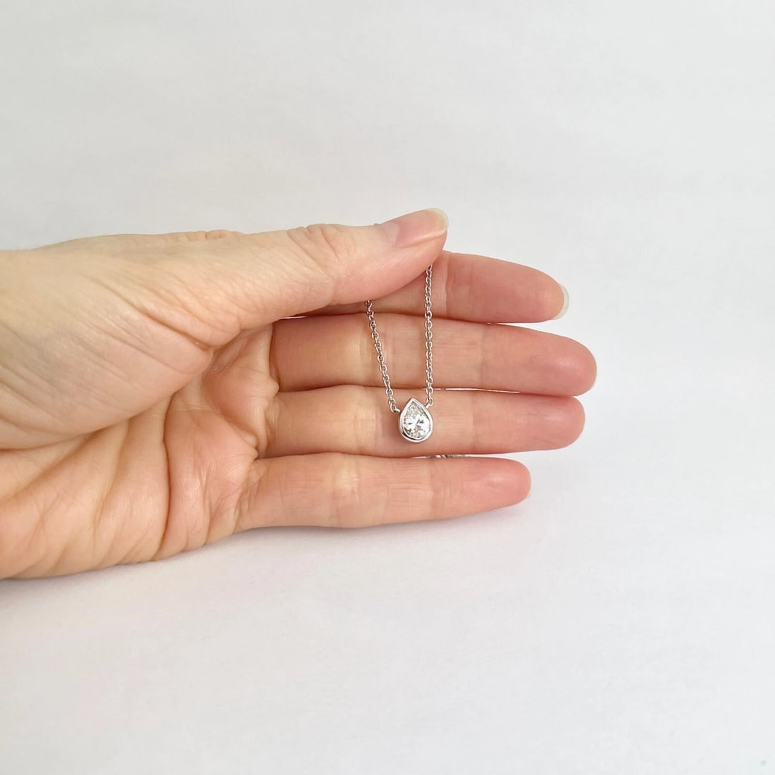 Pear Diamond Solitaire Bezel Pendant Necklace 14K White Gold, .70 CT - 5