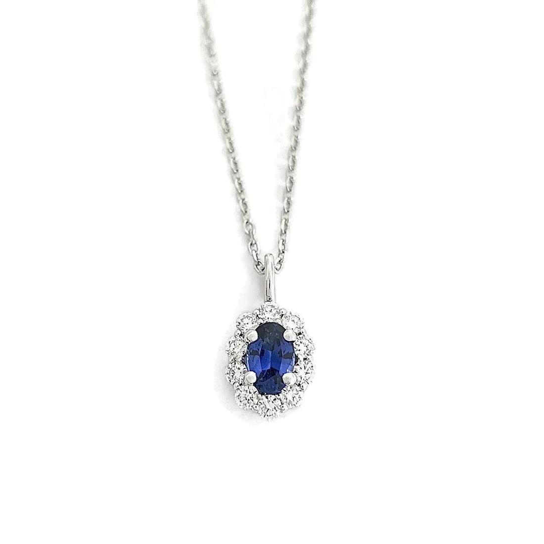 Oval Blue Sapphire Diamond Halo Gemstone Pendant Necklace 14K White Gold, .92 TW - 2