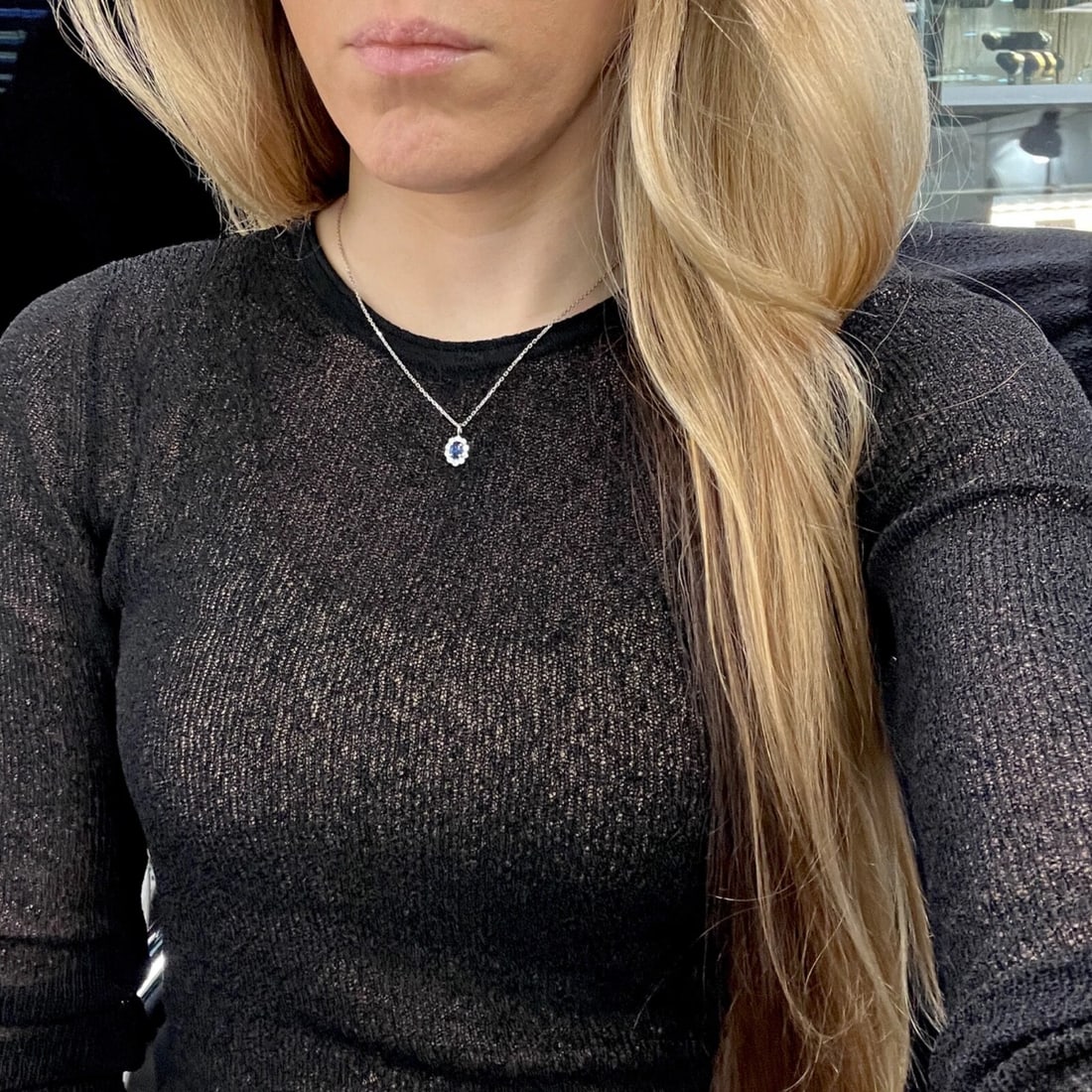 Oval Blue Sapphire Diamond Halo Gemstone Pendant Necklace 14K White Gold, .92 TW - 4