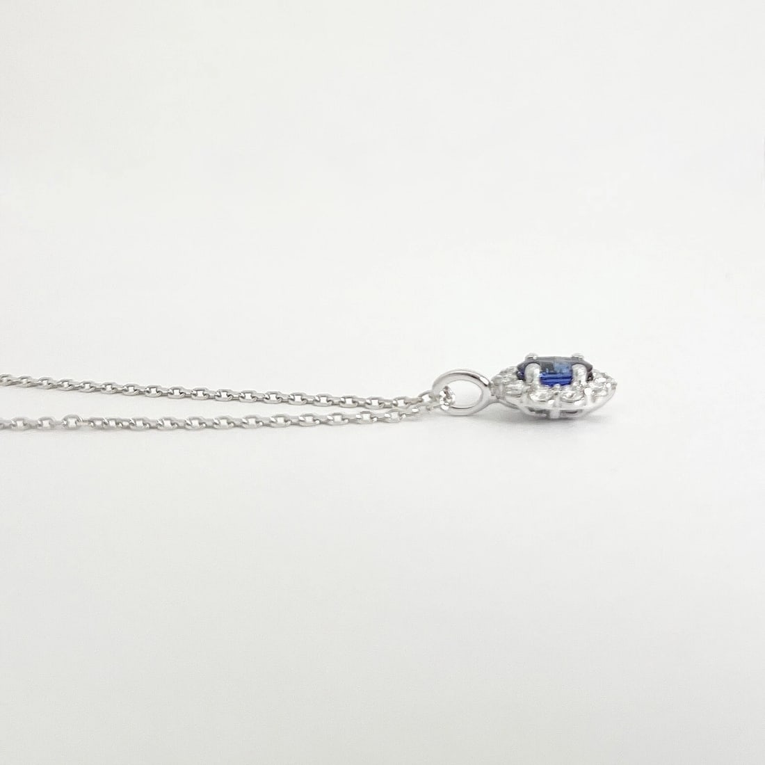 Oval Blue Sapphire Diamond Halo Gemstone Pendant Necklace 14K White Gold, .92 TW - 6