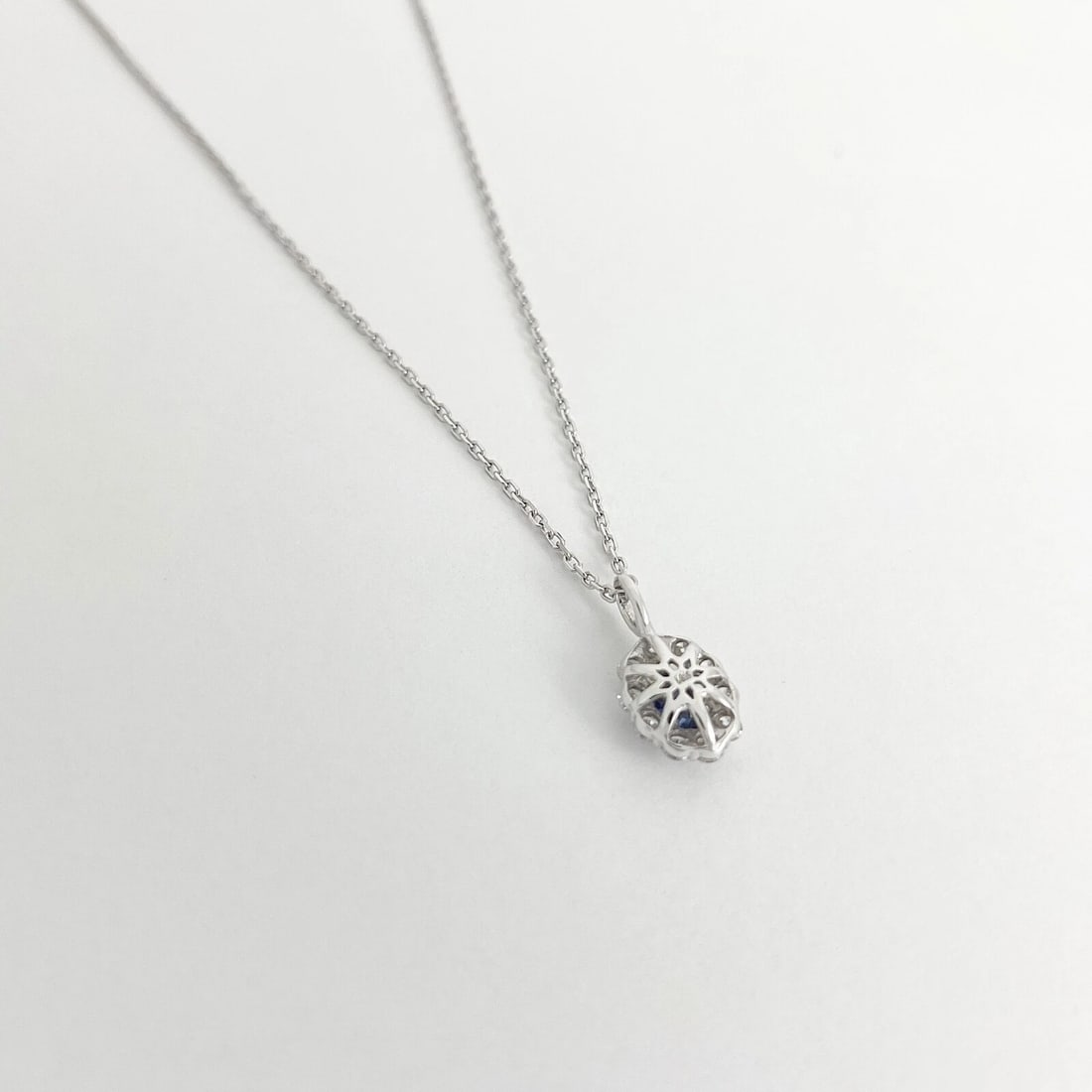 Oval Blue Sapphire Diamond Halo Gemstone Pendant Necklace 14K White Gold, .92 TW - 7