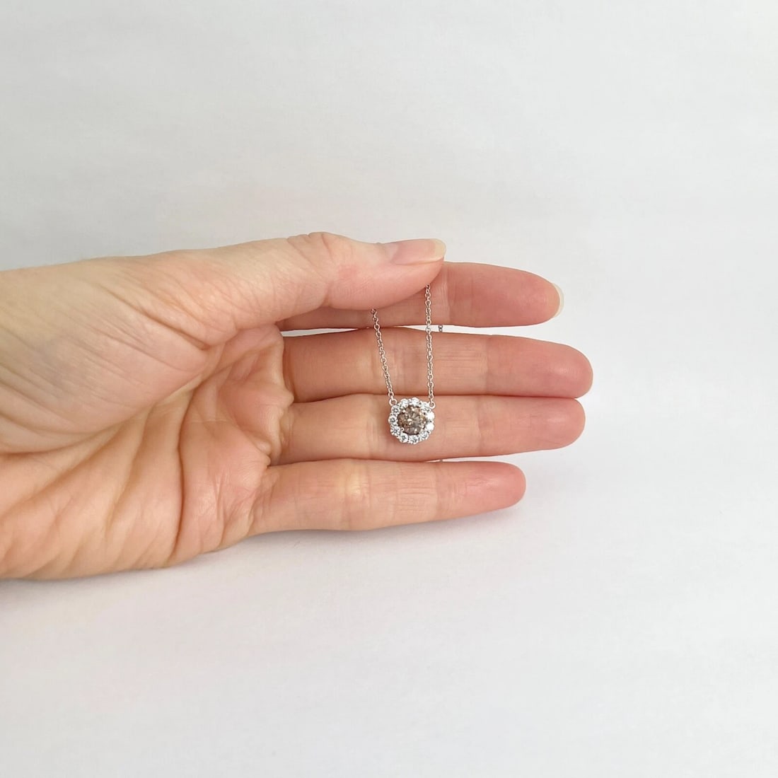 Fancy Brown Diamond Round Halo Pendant Necklace 14K White Gold, 1.03 CTW - 5