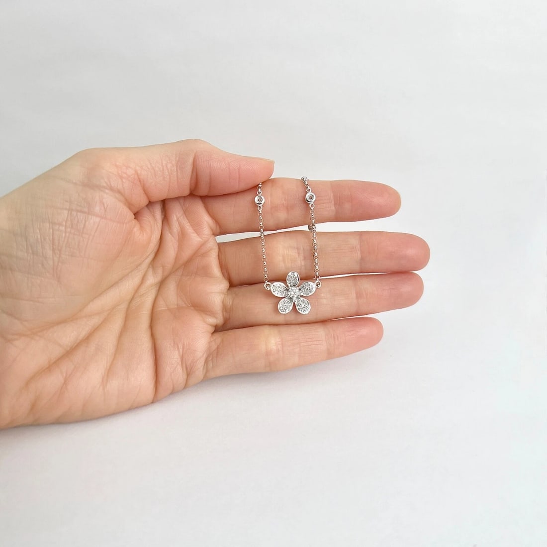 Pave Diamond Flower Pendant Station Necklace 18K White Gold, .46 CTW - 3