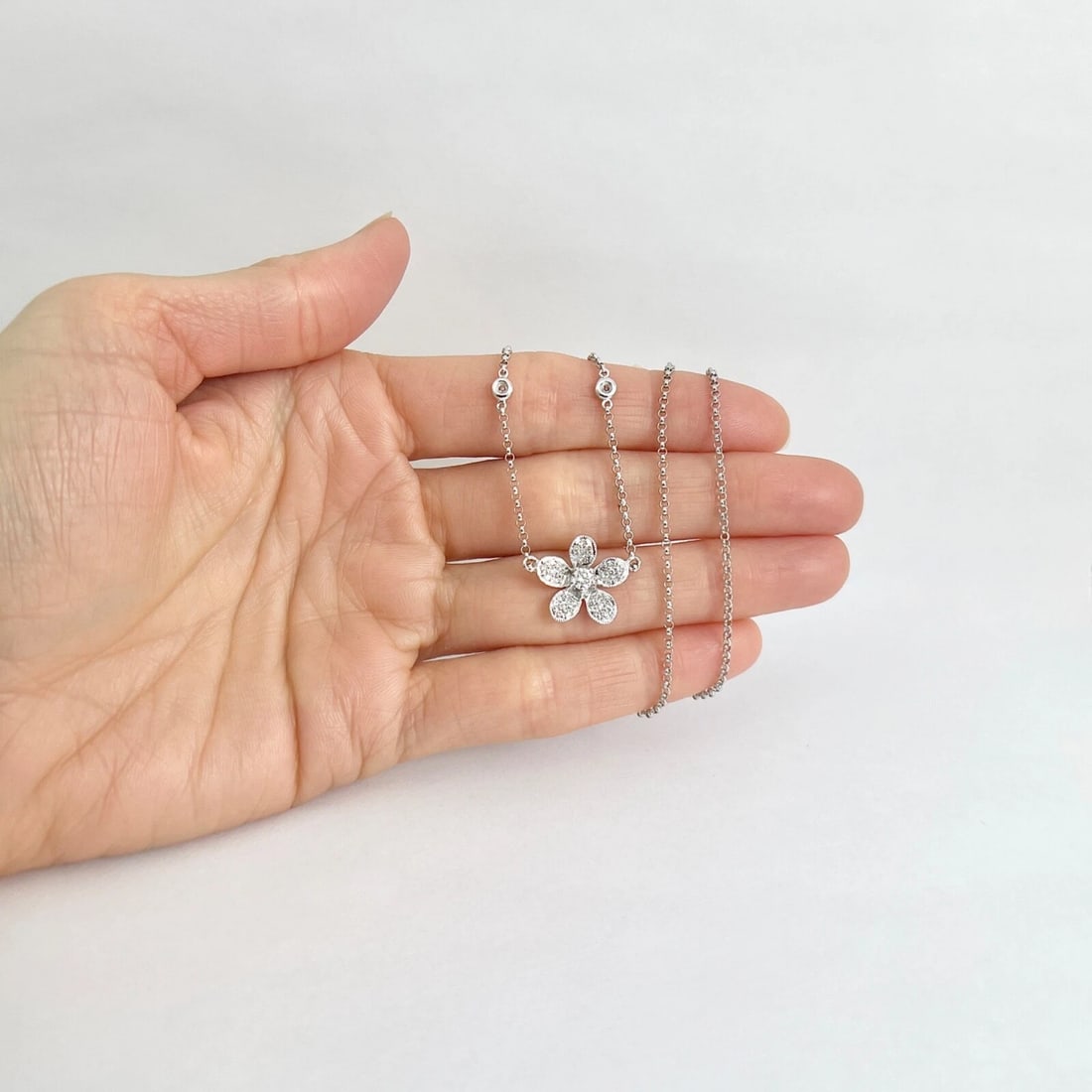 Pave Diamond Flower Pendant Station Necklace 18K White Gold, .46 CTW - 5