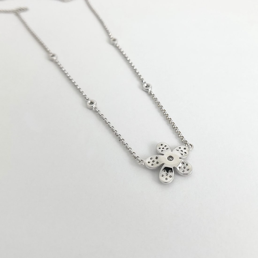 Pave Diamond Flower Pendant Station Necklace 18K White Gold, .46 CTW - 7
