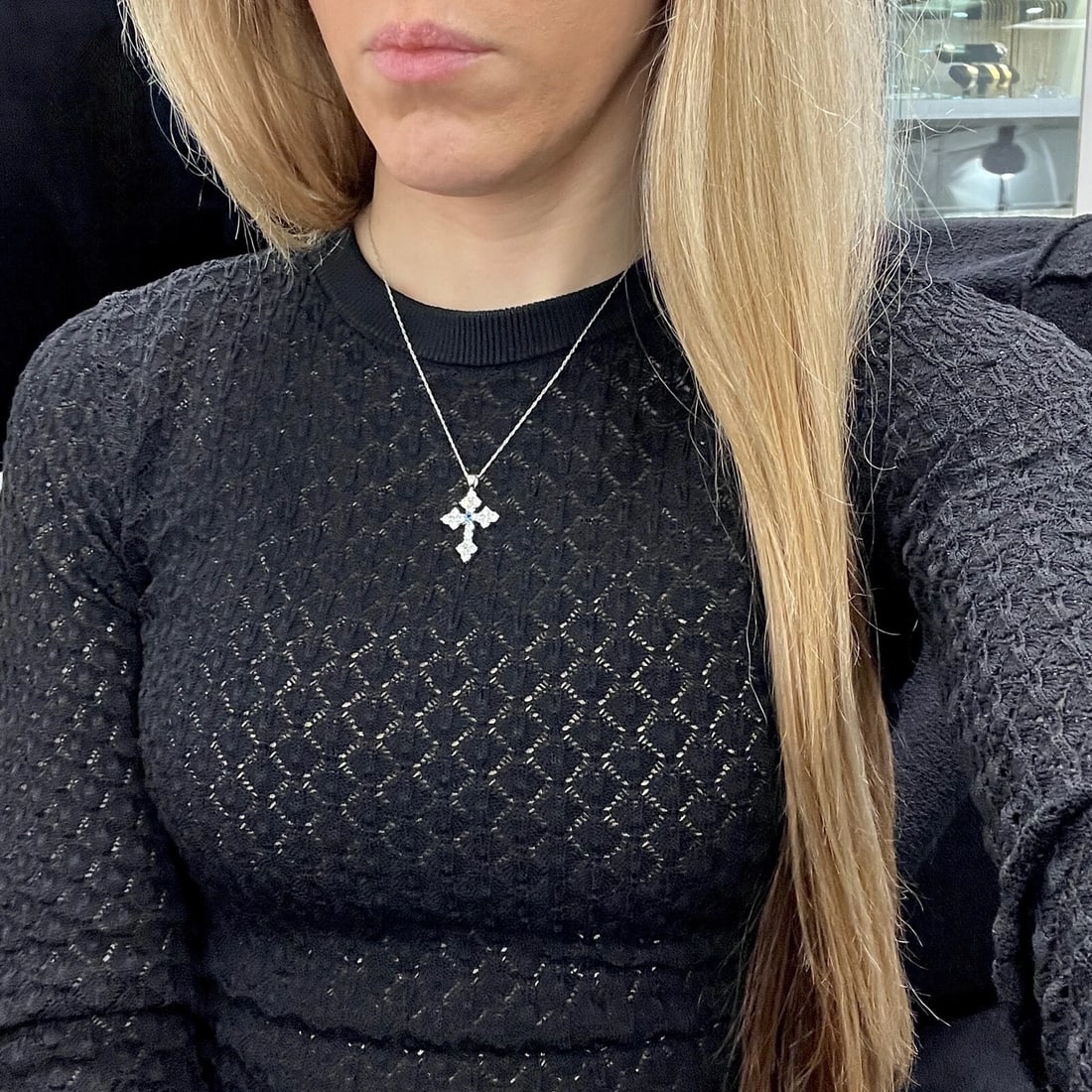 Blue Sapphire Cluster Diamond Cross Pendant Necklace 14K White Gold, 2.26 CTW - 4