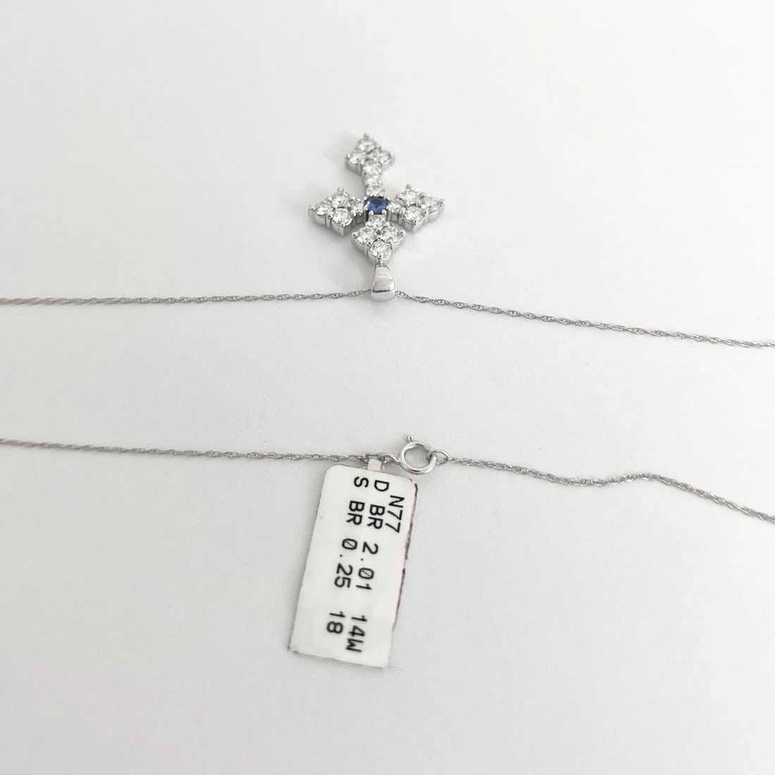 Blue Sapphire Cluster Diamond Cross Pendant Necklace 14K White Gold, 2.26 CTW - 8