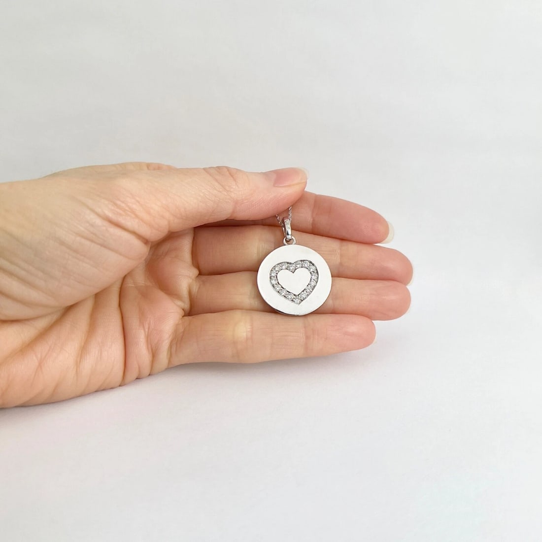 Diamond Heart Round Disc Pendant Necklace 14K White Gold, .64 CTW - 5