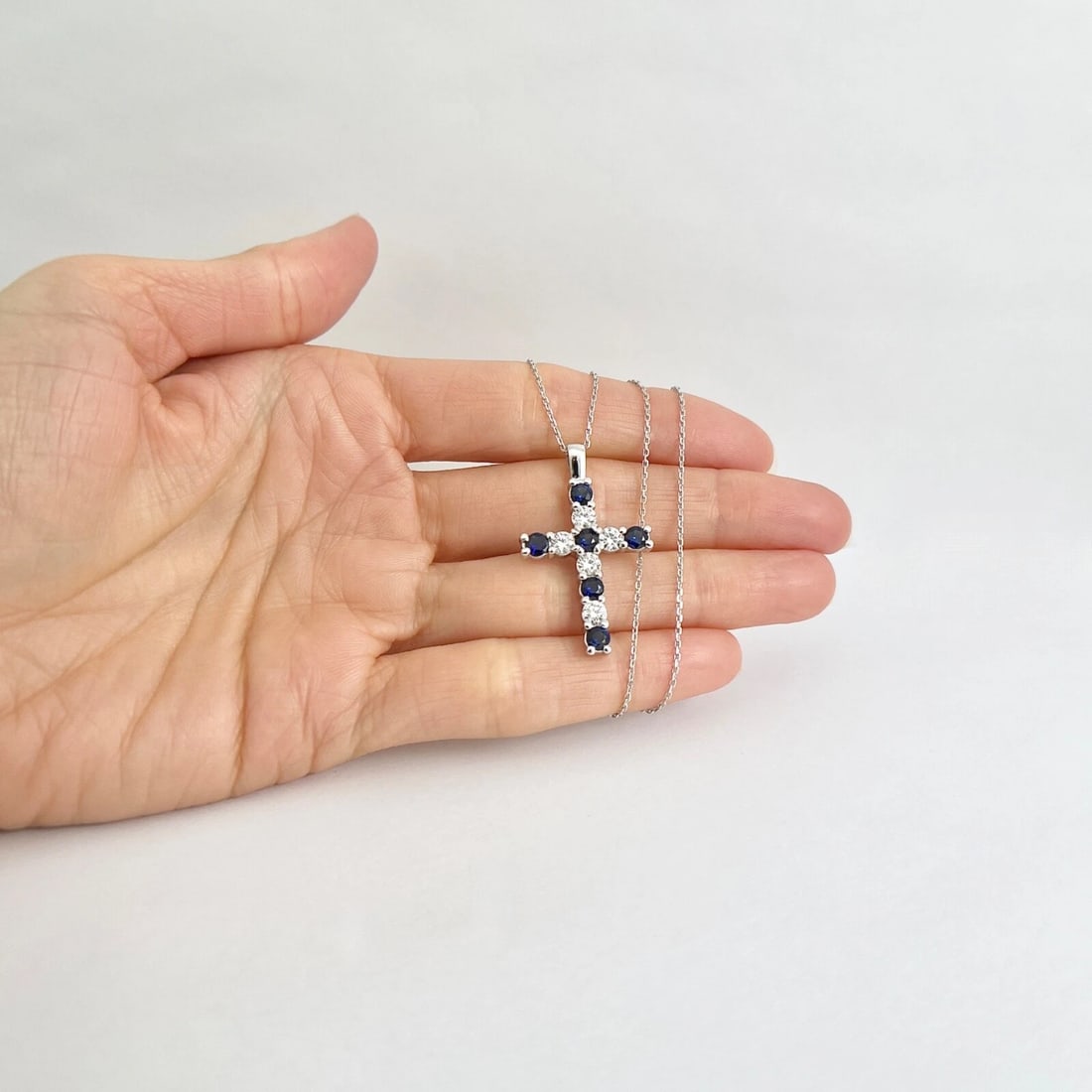 Blue Sapphire Diamond Gemstone Cross Pendant Necklace 14K White Gold, 2.15 CTW - 3